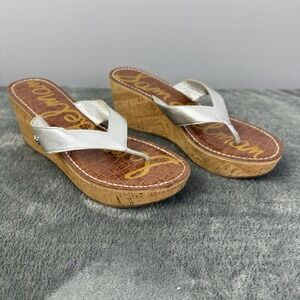 Sam Edelman Romy Silver Cork Wedge Platform Flip Flop Sandal Size 9.5